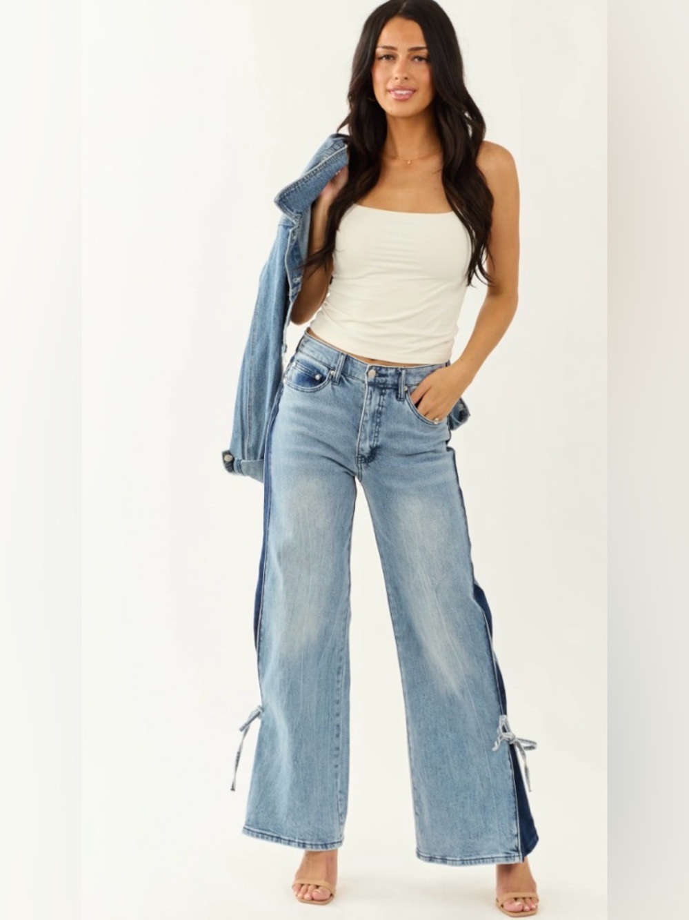 Saige Light Wash dark Side-Stripe Wide Leg Jeans with side ties.